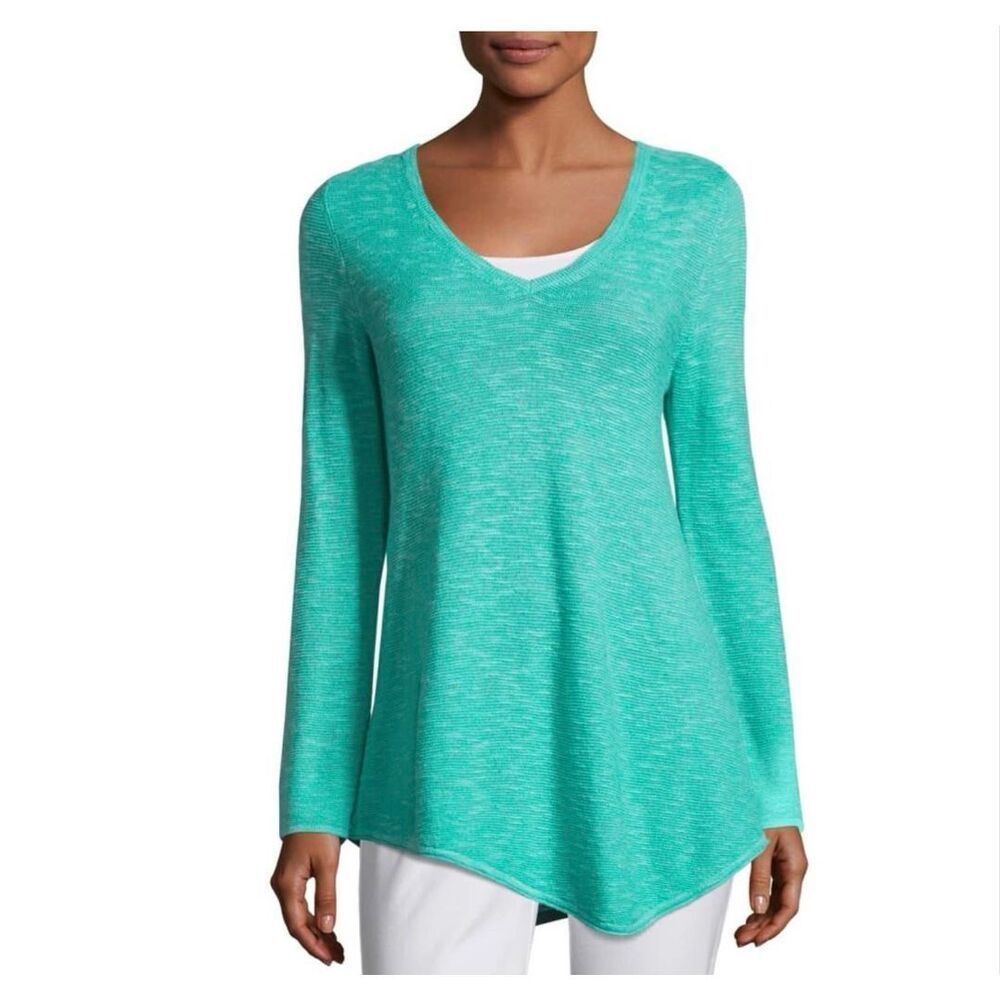 Eileen Fisher Sweater Sea Breeze V Neck Organic Linen Blend Slub Knit size XXS